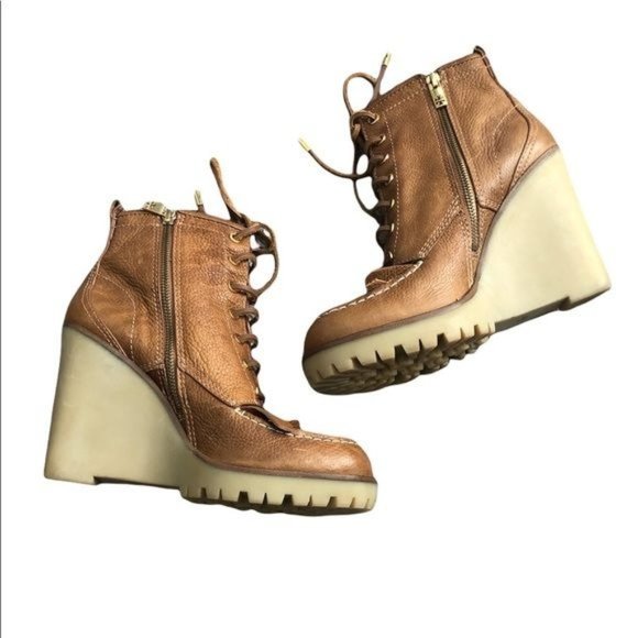 Tory Burch Shoes - Tory Burch Howard Tan Leather Fringe Wedge Lace Up Heel Booties Size 11